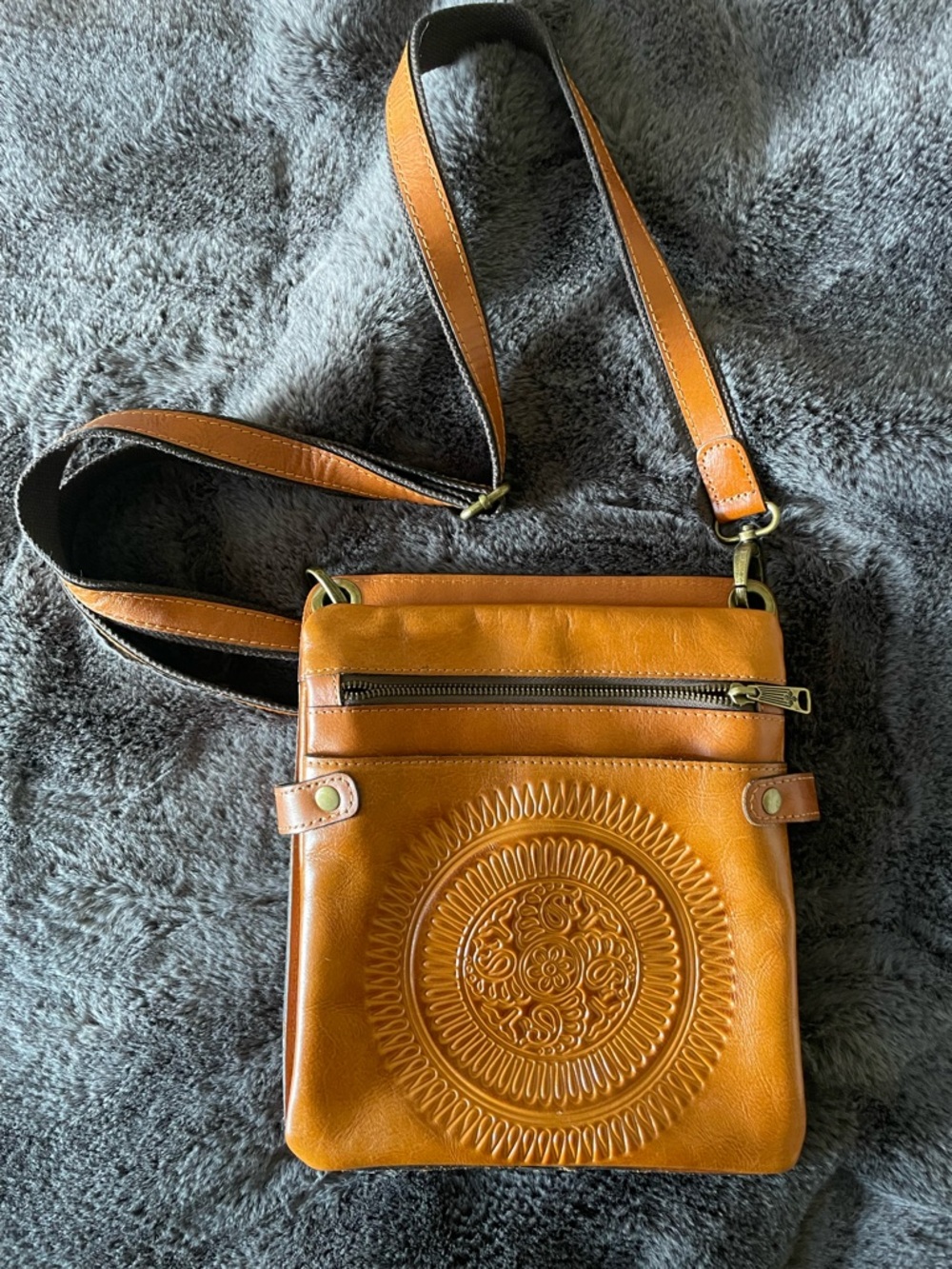 Patricia Nash Cognac Leather Crossbody with Embossed Medallion